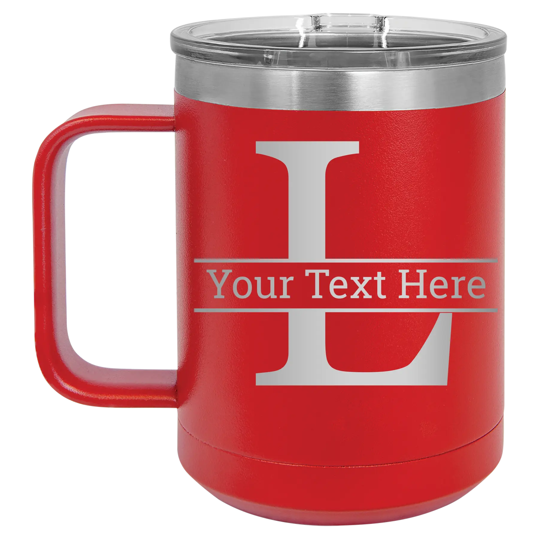 Personalized red 15 oz vacuum insulated coffee mug with 'Monogram letter L' design