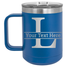 Personalized royal blue 15 oz vacuum insulated coffee mug with 'Monogram letter L' design