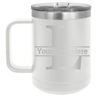 Personalized white 15 oz vacuum insulated coffee mug with 'Monogram letter L' design