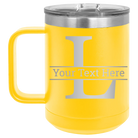 Personalized yellow 15 oz vacuum insulated coffee mug with 'Monogram letter L' design