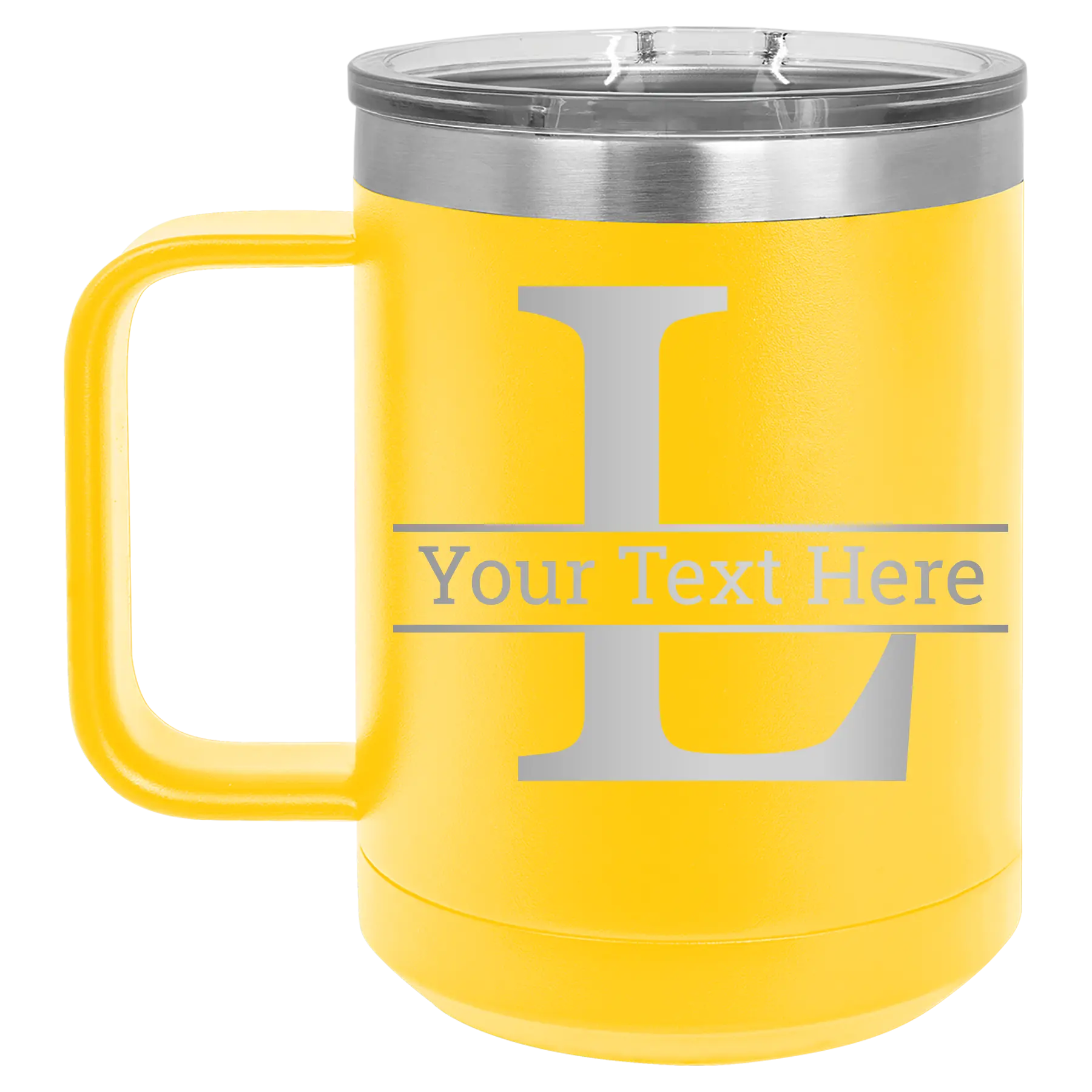 Personalized yellow 15 oz vacuum insulated coffee mug with 'Monogram letter L' design