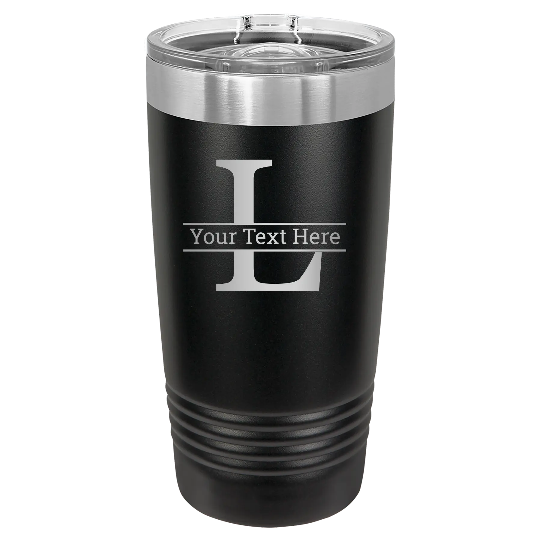 Personalized black 20 oz vacuum insulated tumbler with 'Monogram letter L' design