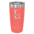 Personalized coral 20 oz vacuum insulated tumbler with 'Monogram letter L' design