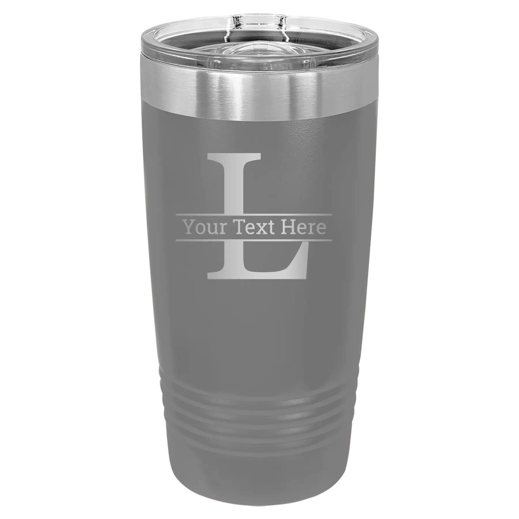 Personalized dark gray 20 oz vacuum insulated tumbler with 'Monogram letter L' design