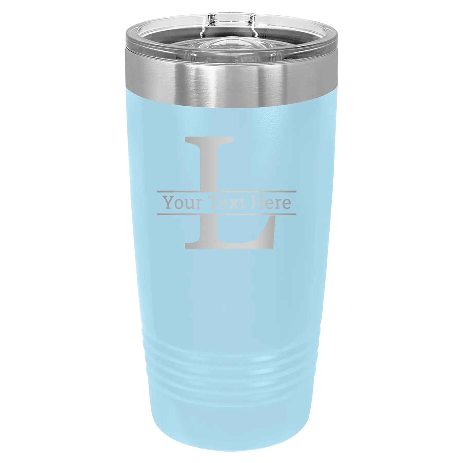 Personalized light blue 20 oz vacuum insulated tumbler with 'Monogram letter L' design