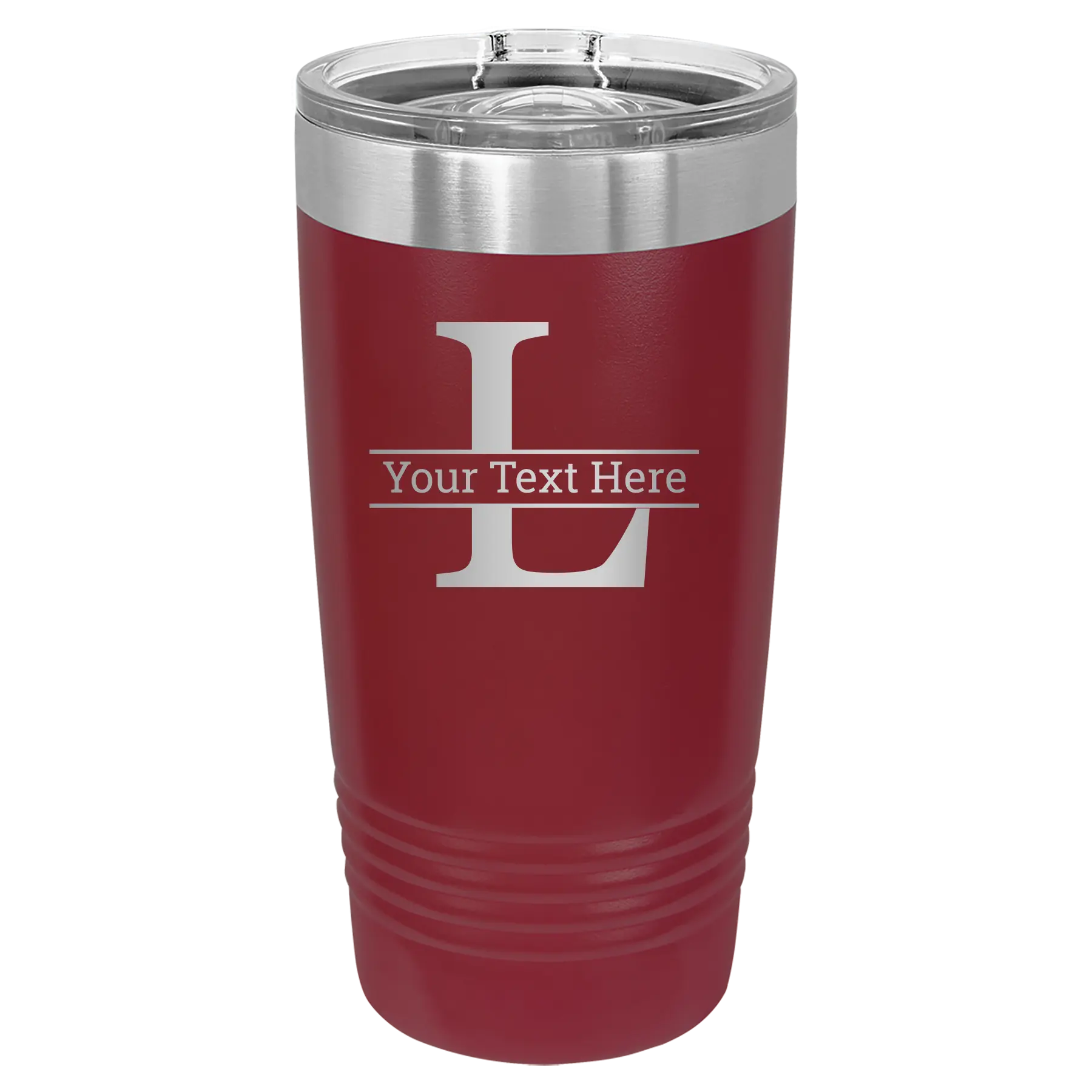 Personalized maroon 20 oz vacuum insulated tumbler with 'Monogram letter L' design