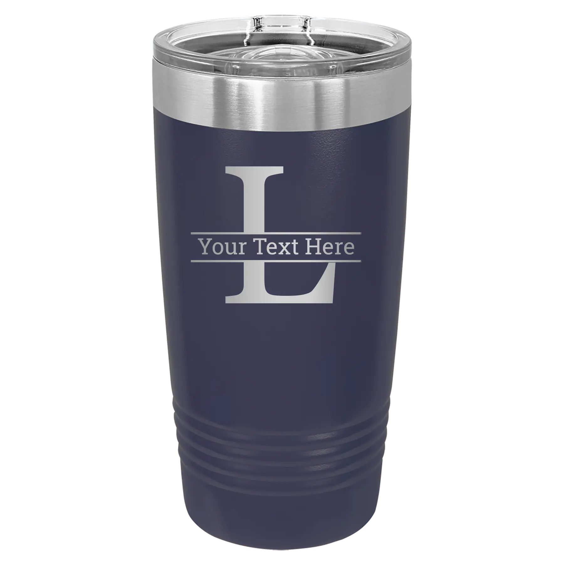 Personalized navy 20 oz vacuum insulated tumbler with 'Monogram letter L' design