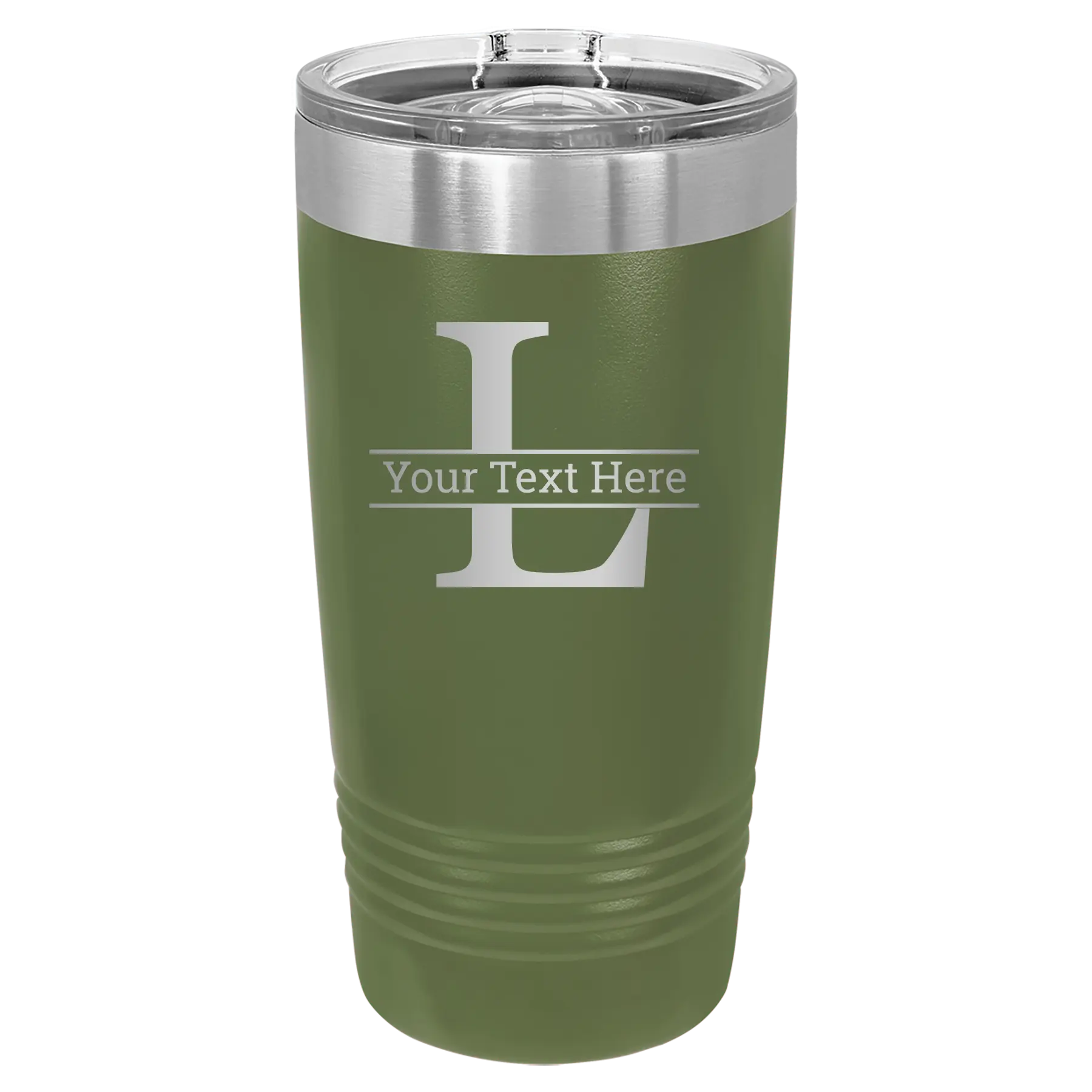Personalized olive green 20 oz vacuum insulated tumbler with 'Monogram letter L' design