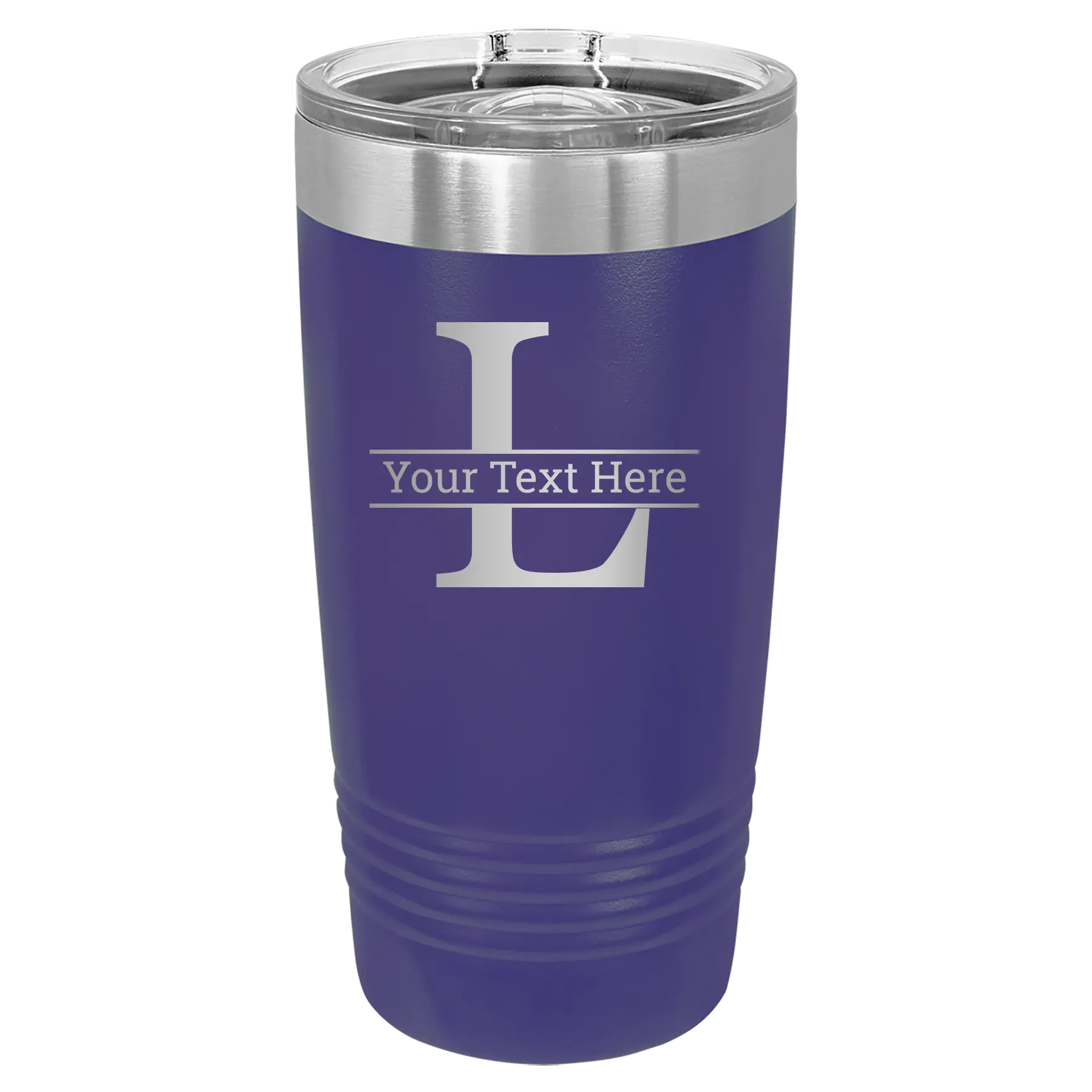 Personalized purple 20 oz vacuum insulated tumbler with 'Monogram letter L' design