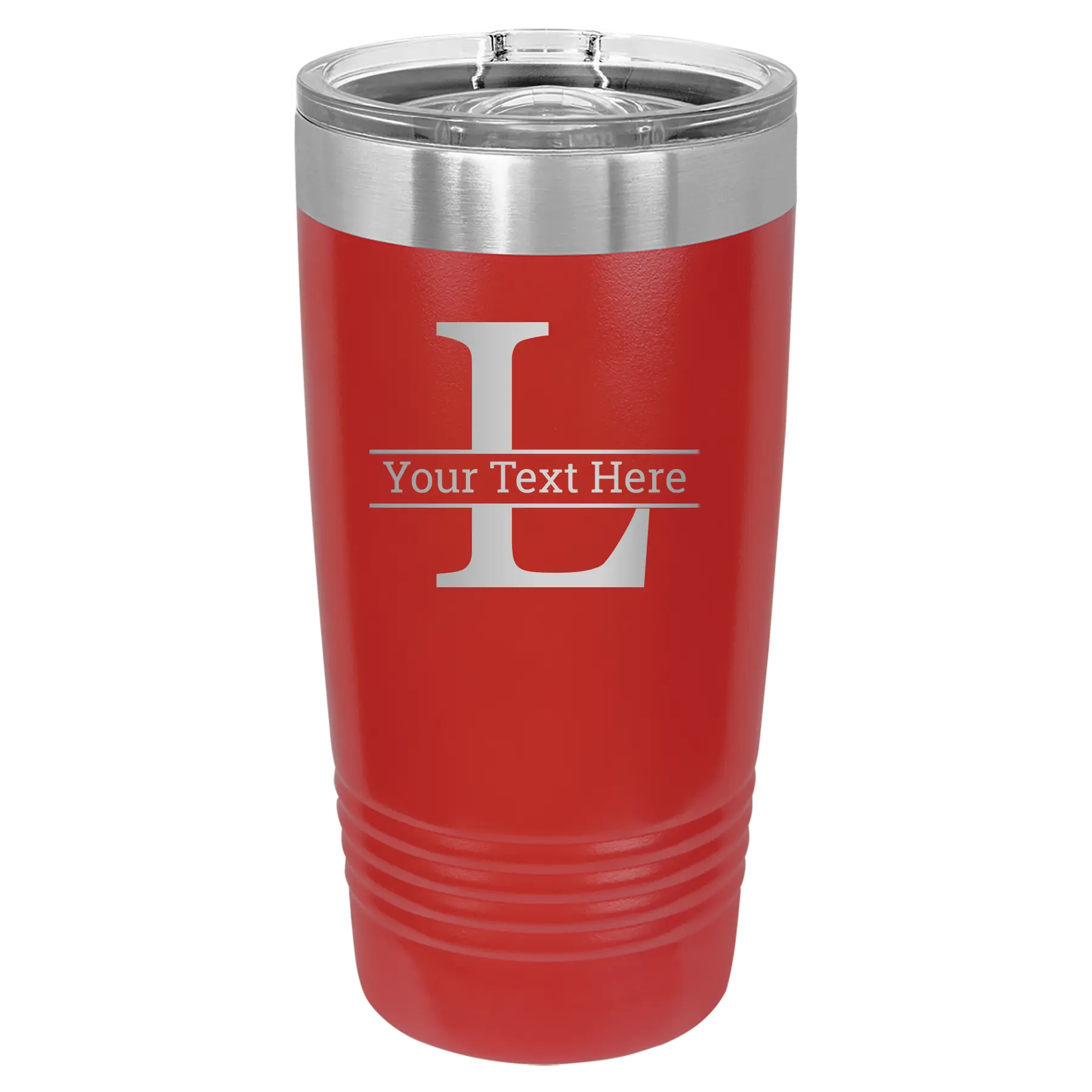 Personalized red 20 oz vacuum insulated tumbler with 'Monogram letter L' design