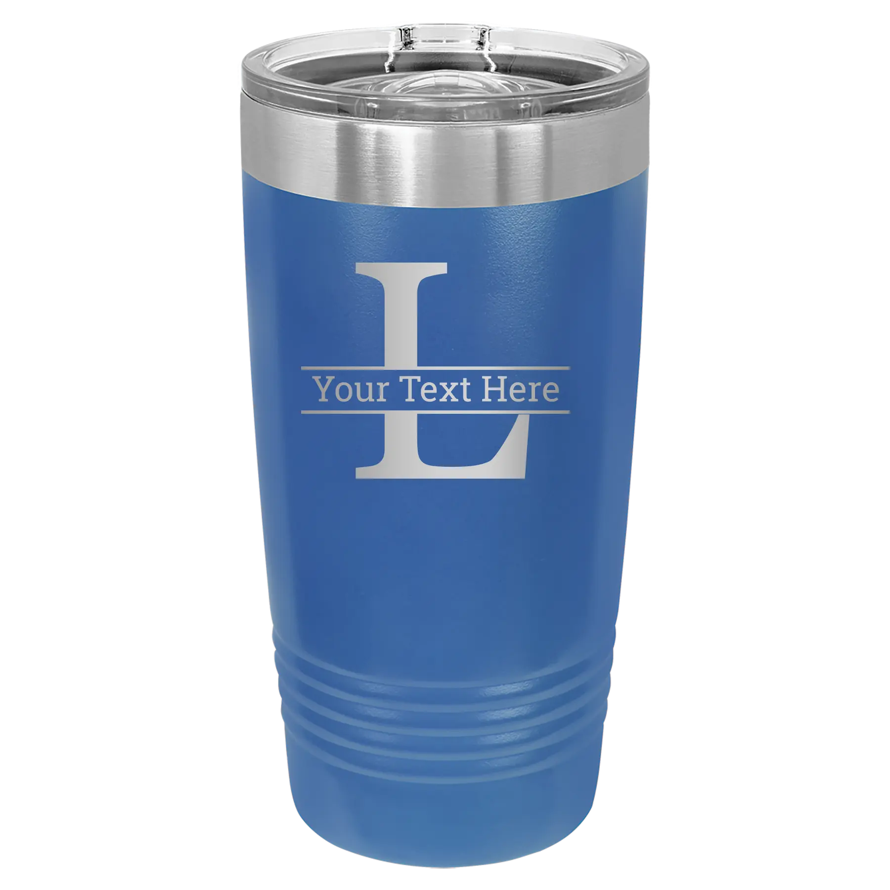 Personalized royal blue 20 oz vacuum insulated tumbler with 'Monogram letter L' design
