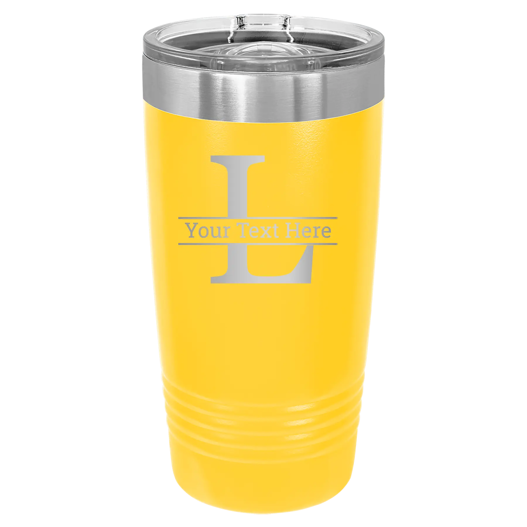 Personalized yellow 20 oz vacuum insulated tumbler with 'Monogram letter L' design