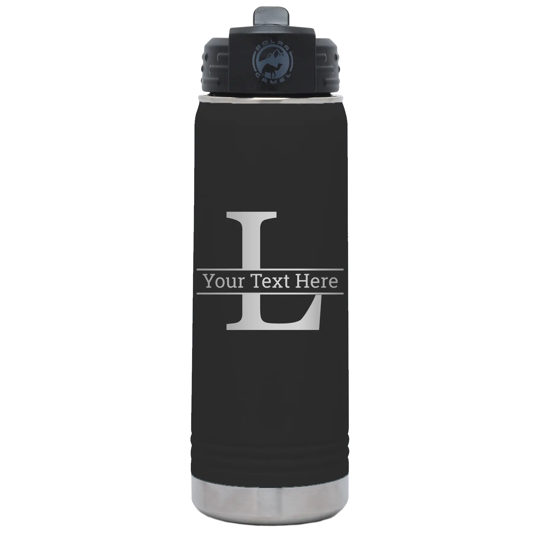 Personalized black 20 oz vacuum insulated water bottle with 'Monogram letter L' design