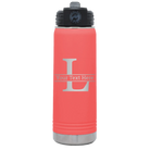 Personalized coral 20 oz vacuum insulated water bottle with 'Monogram letter L' design