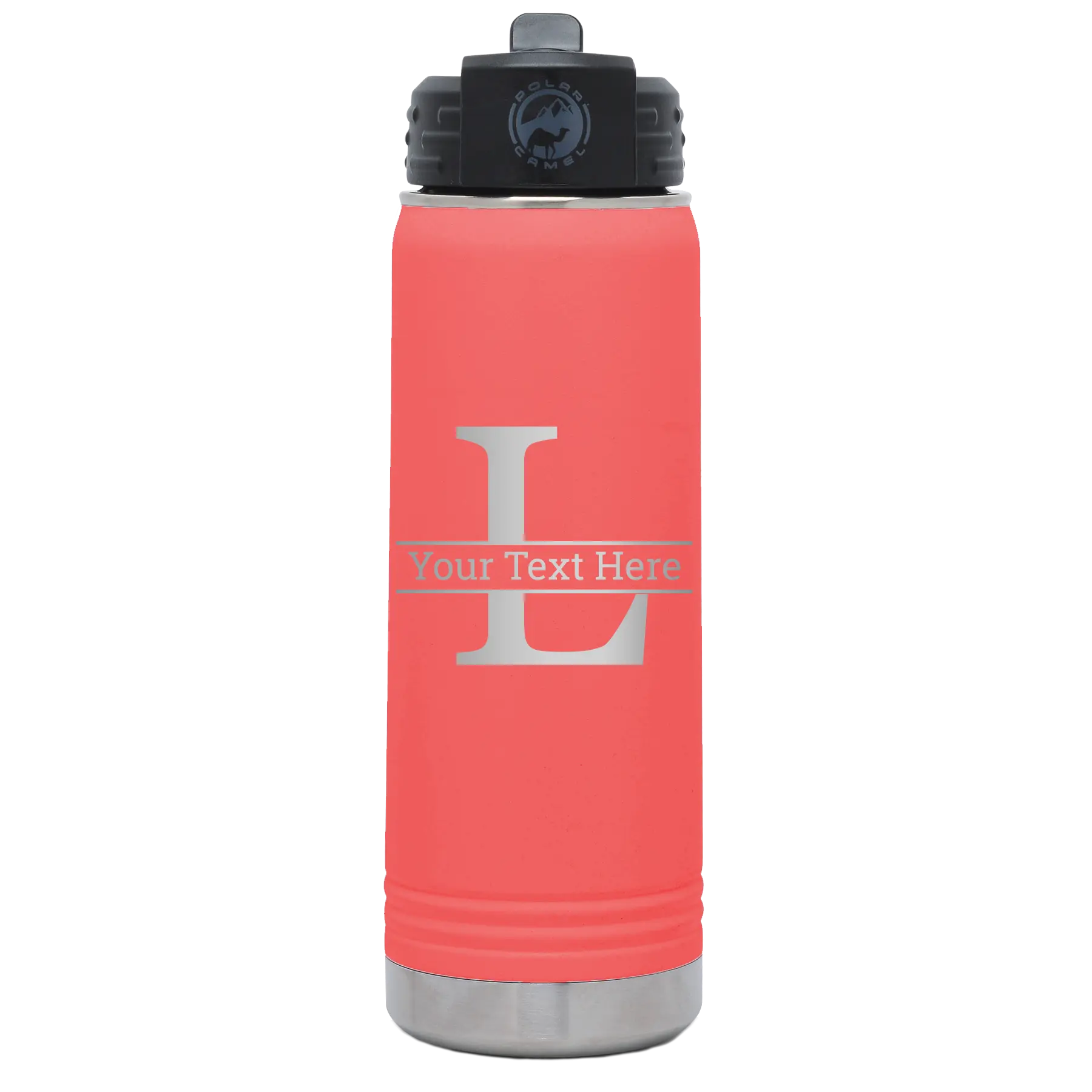 Personalized coral 20 oz vacuum insulated water bottle with 'Monogram letter L' design