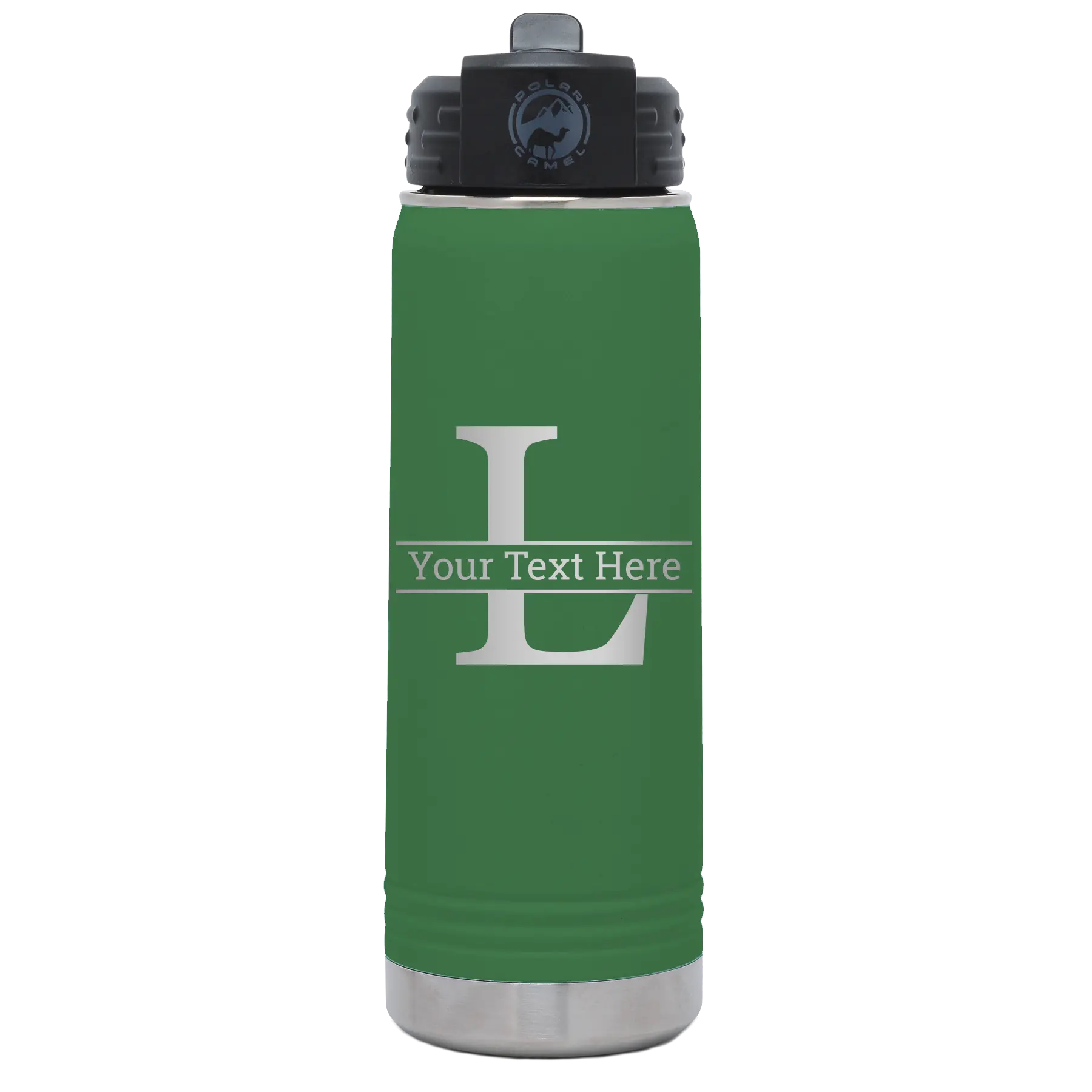 Personalized green 20 oz vacuum insulated water bottle with 'Monogram letter L' design