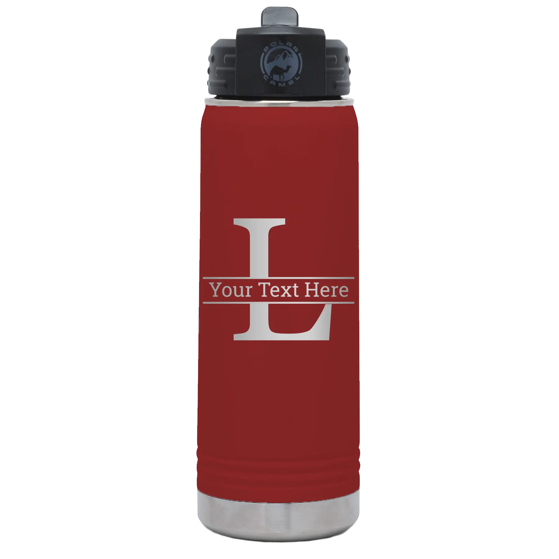 Personalized maroon 20 oz vacuum insulated water bottle with 'Monogram letter L' design
