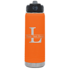 Personalized orange 20 oz vacuum insulated water bottle with 'Monogram letter L' design