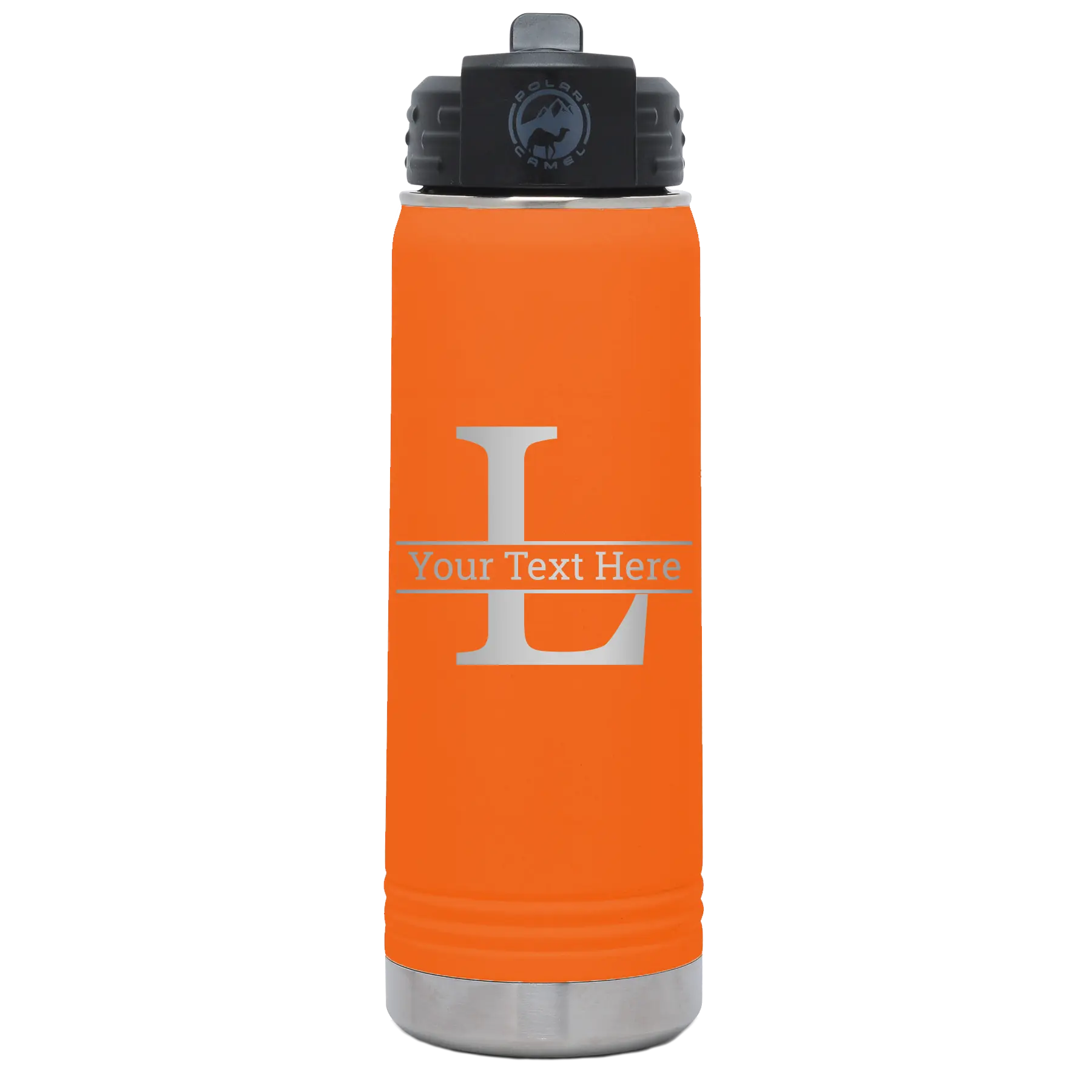 Personalized orange 20 oz vacuum insulated water bottle with 'Monogram letter L' design