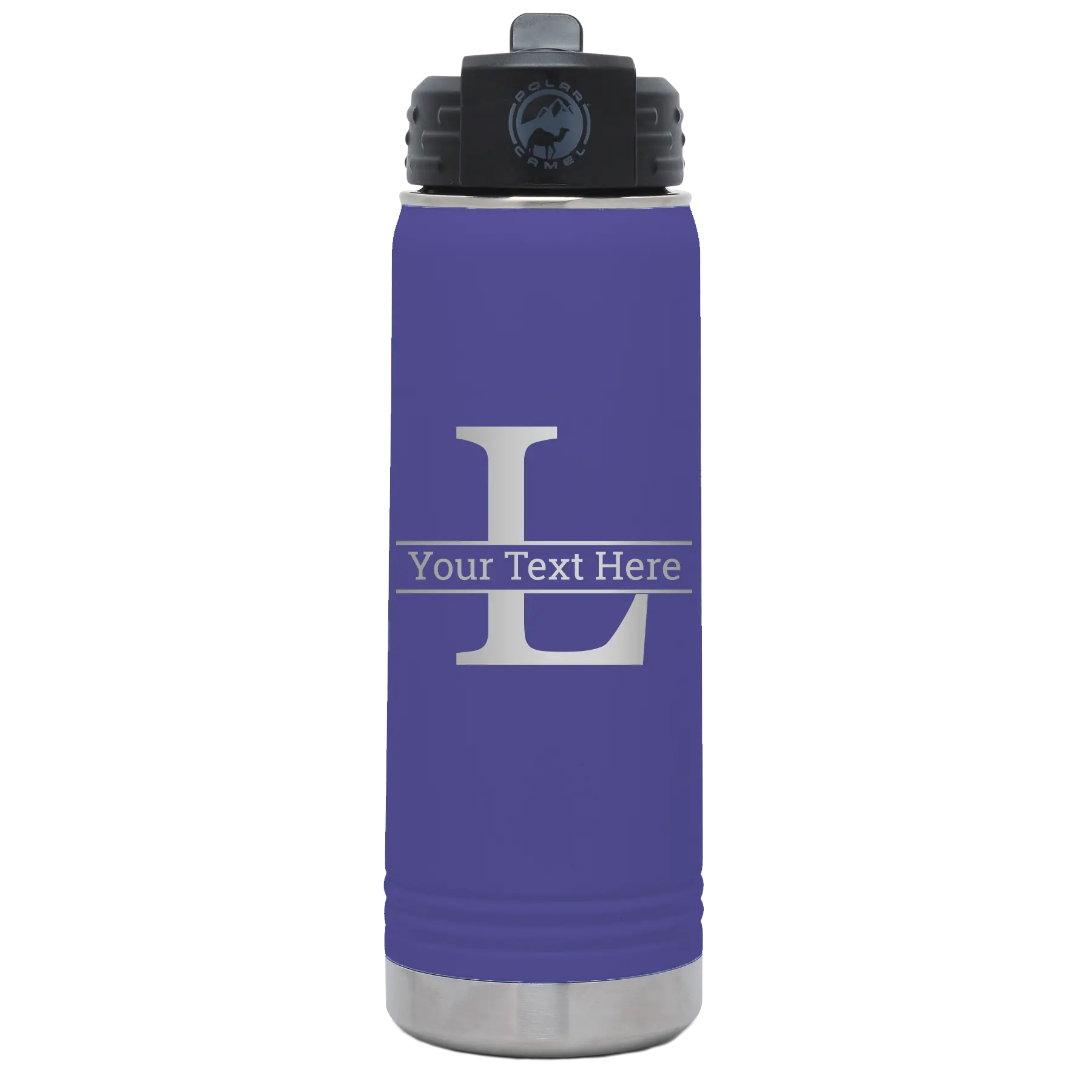 Personalized purple 20 oz vacuum insulated water bottle with 'Monogram letter L' design