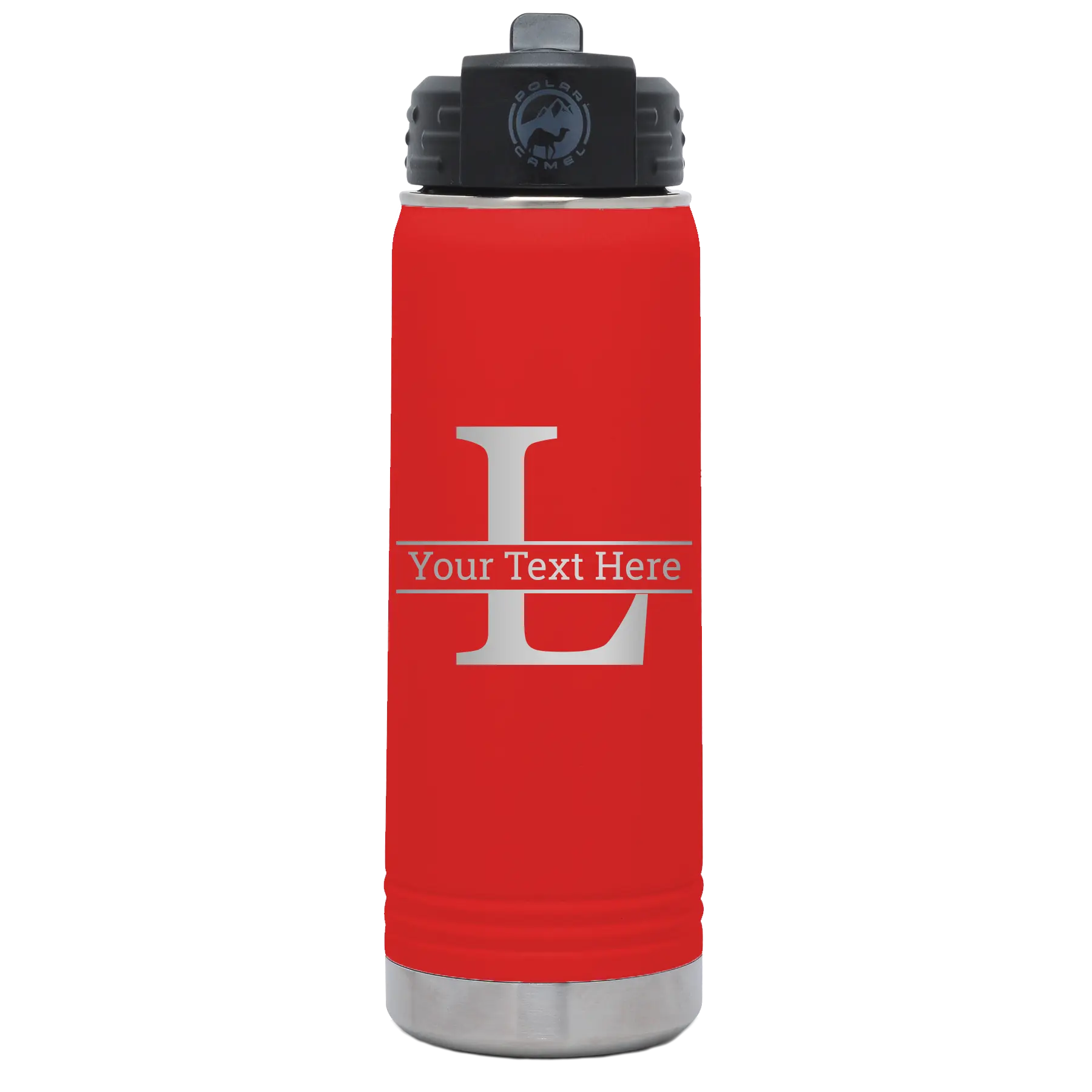 Personalized red 20 oz vacuum insulated water bottle with 'Monogram letter L' design