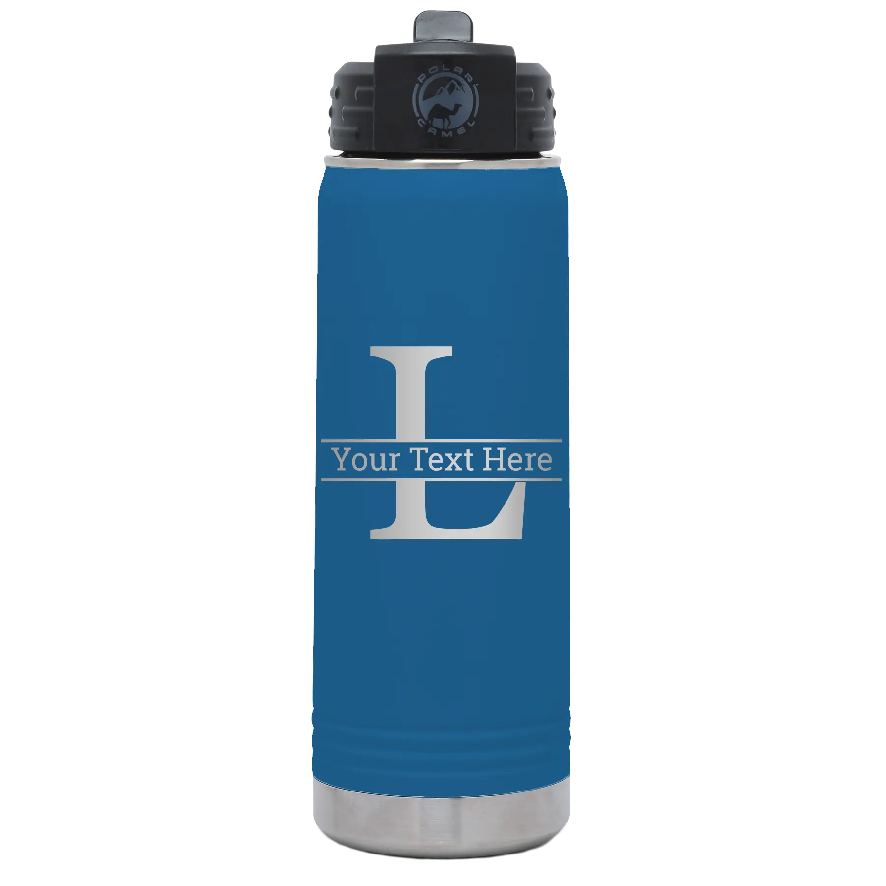 Personalized royal blue 20 oz vacuum insulated water bottle with 'Monogram letter L' design
