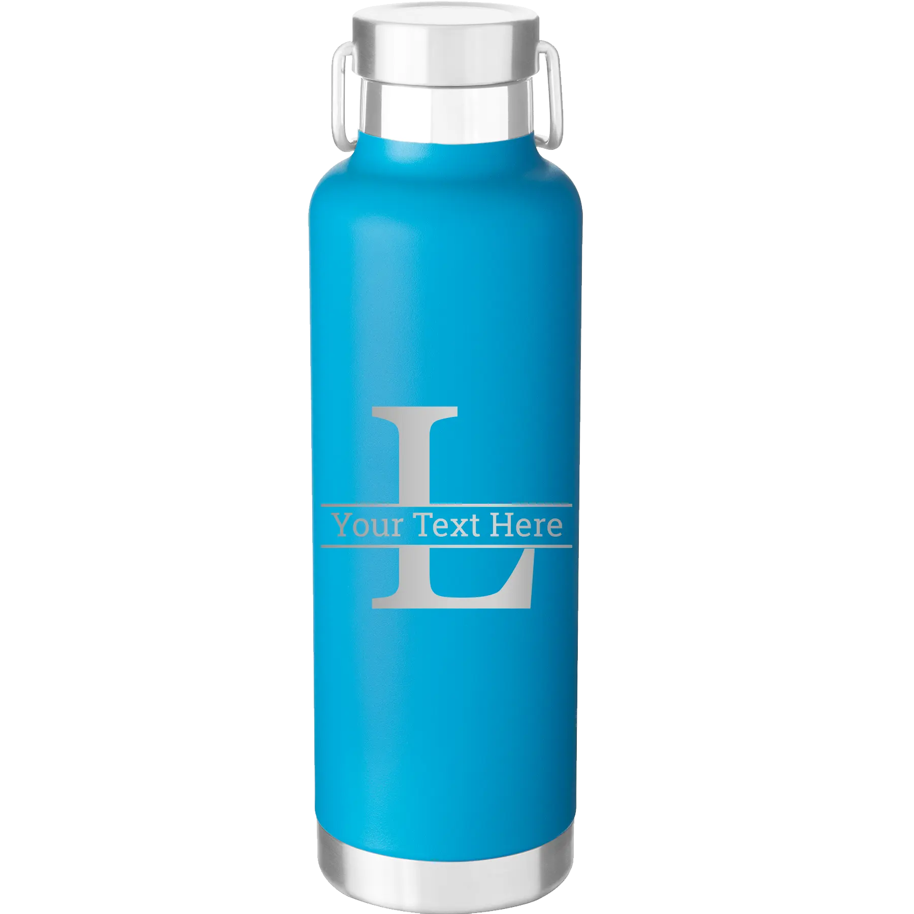 Personalized aqua 24 oz vacuum insulated water bottle with 'Monogram letter L' design