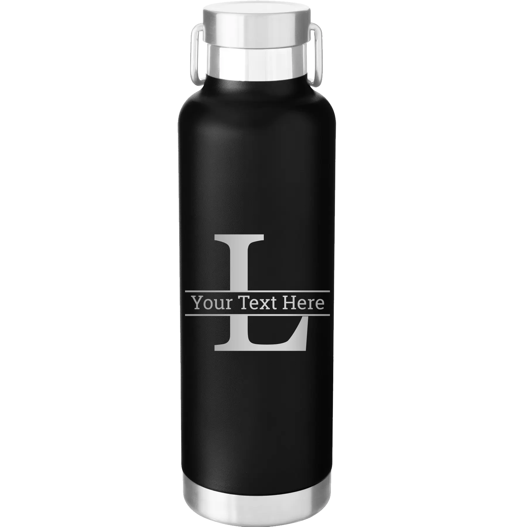 Personalized black 24 oz vacuum insulated water bottle with 'Monogram letter L' design
