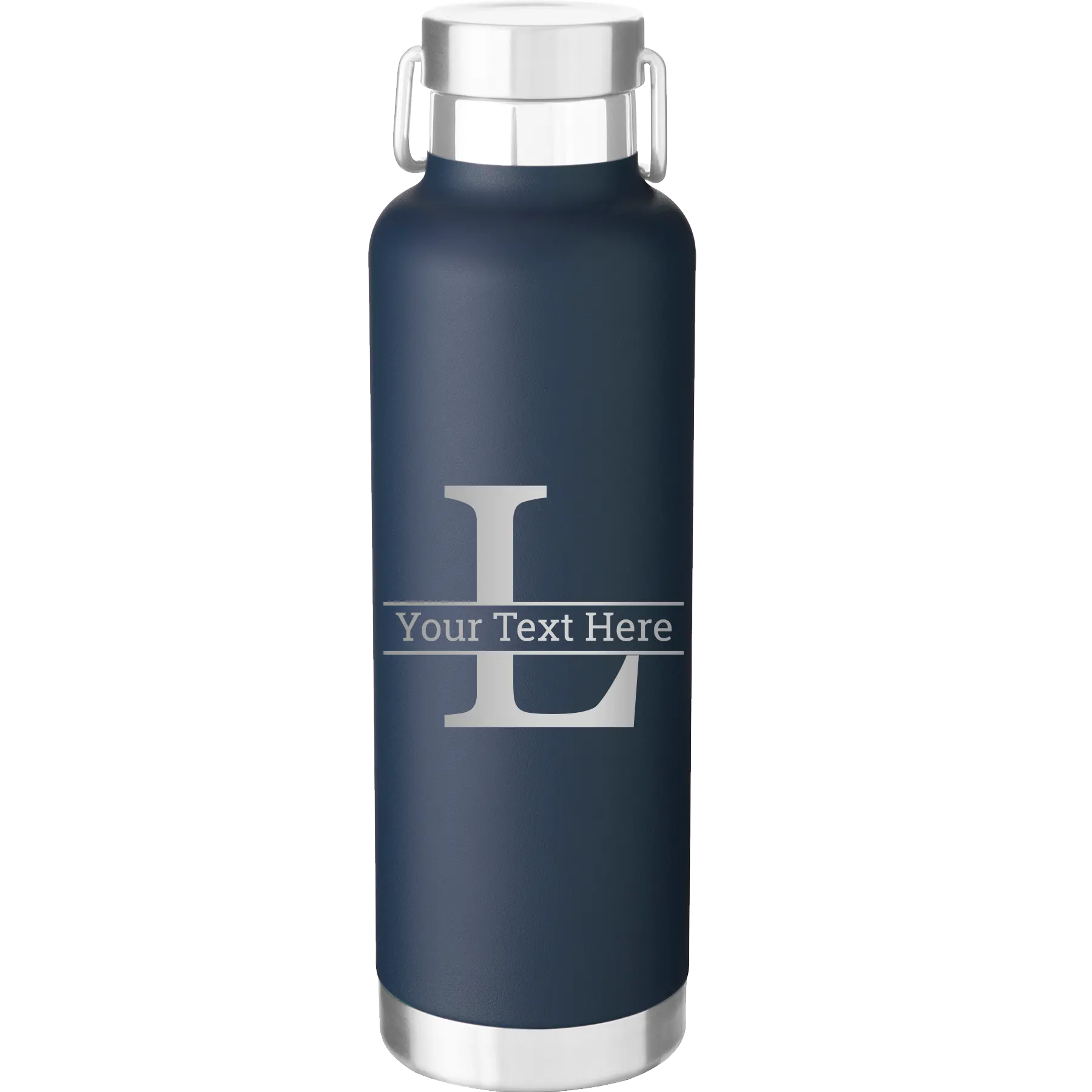 Personalized navy 24 oz vacuum insulated water bottle with 'Monogram letter L' design
