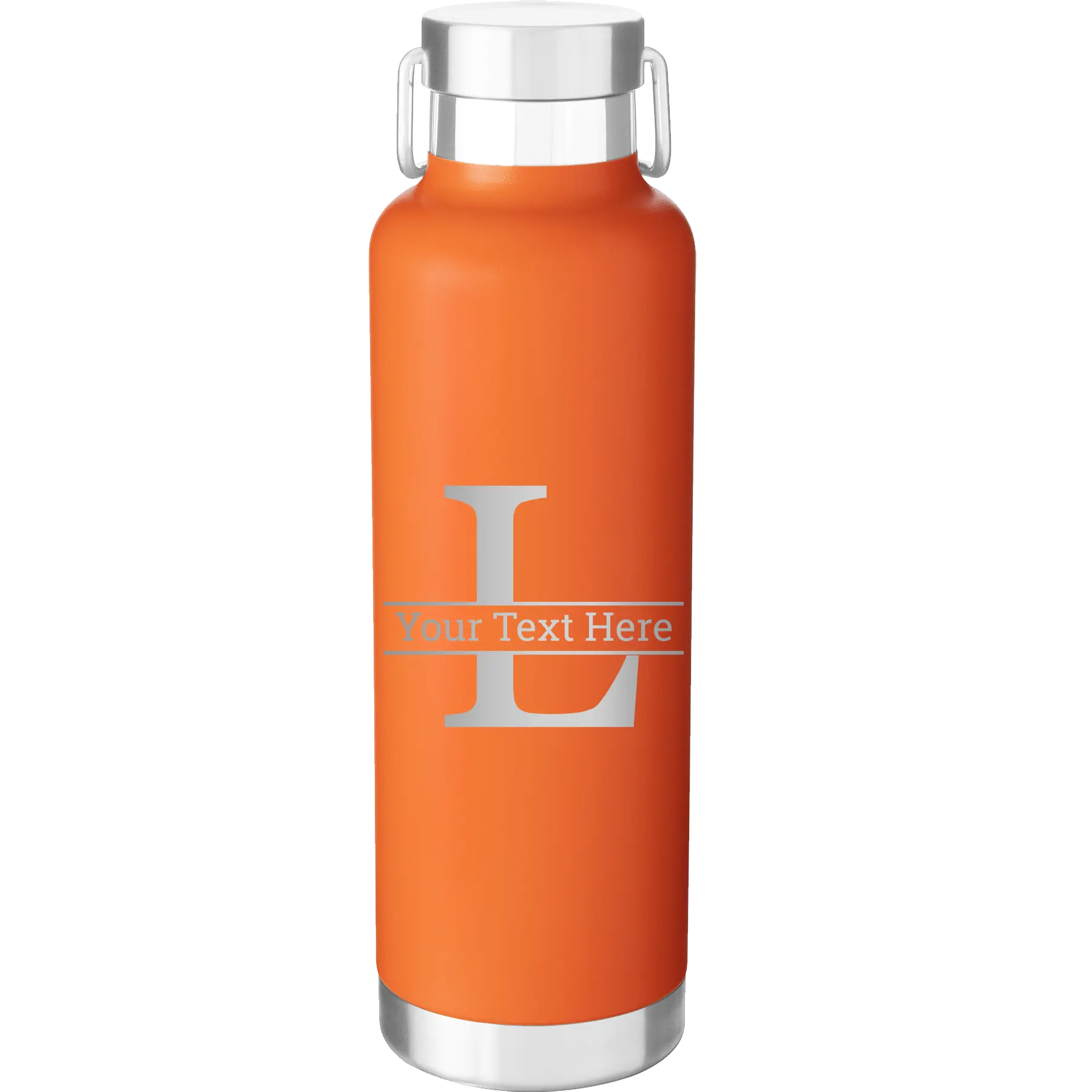 Personalized orange 24 oz vacuum insulated water bottle with 'Monogram letter L' design