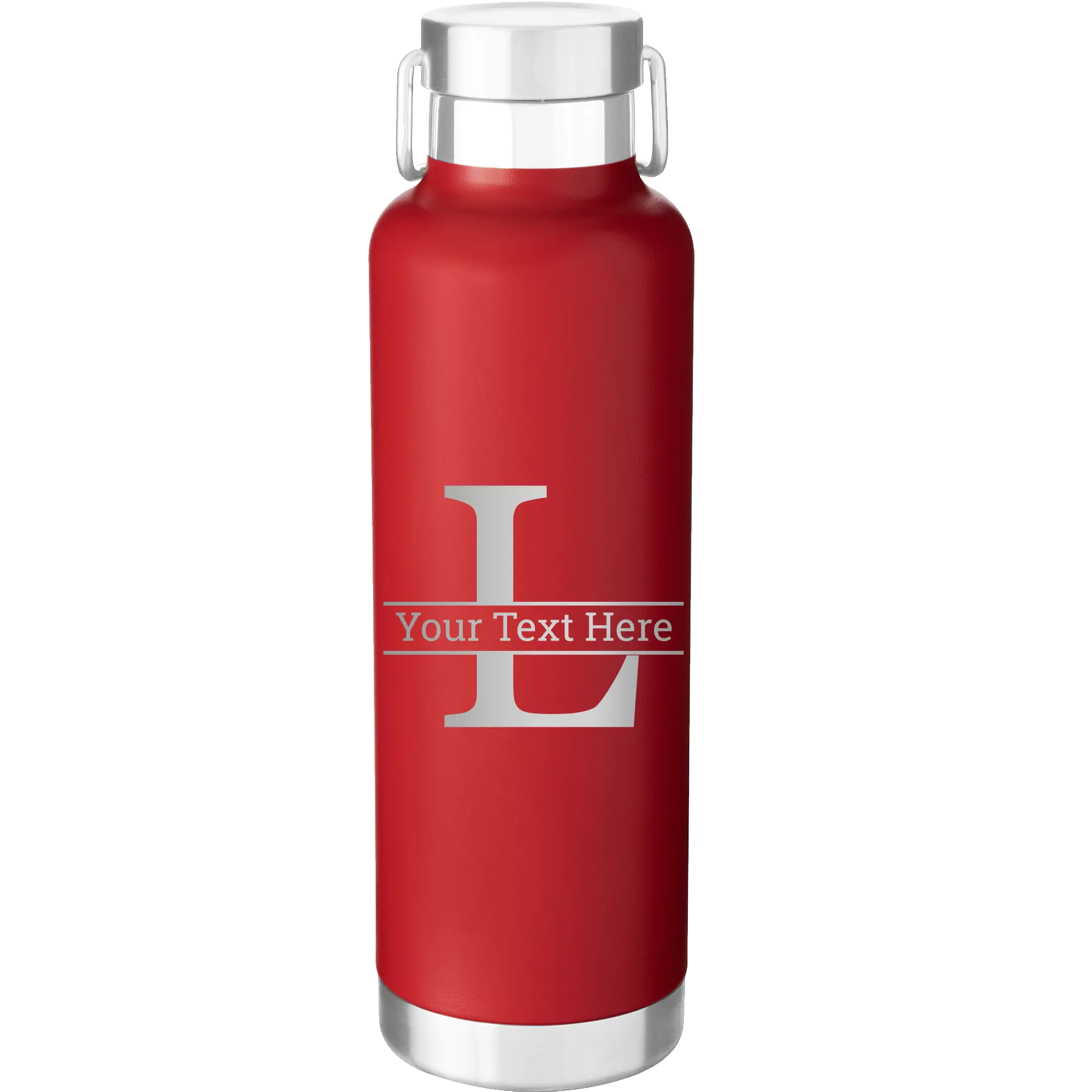 Personalized red 24 oz vacuum insulated water bottle with 'Monogram letter L' design