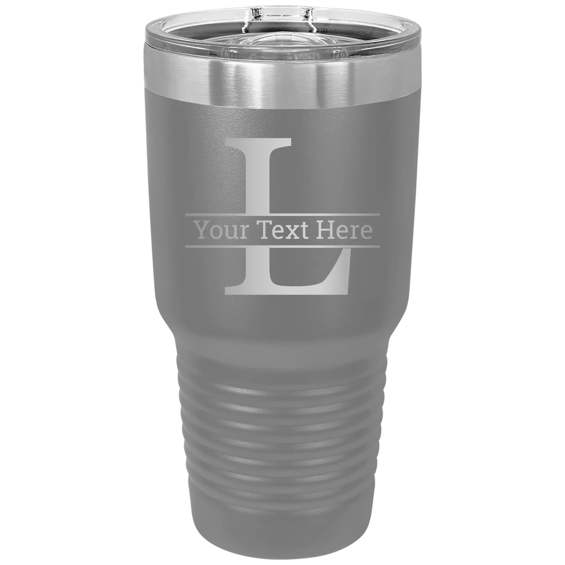 Personalized dark gray 30 oz vacuum insulated tumbler with 'Monogram letter L' design