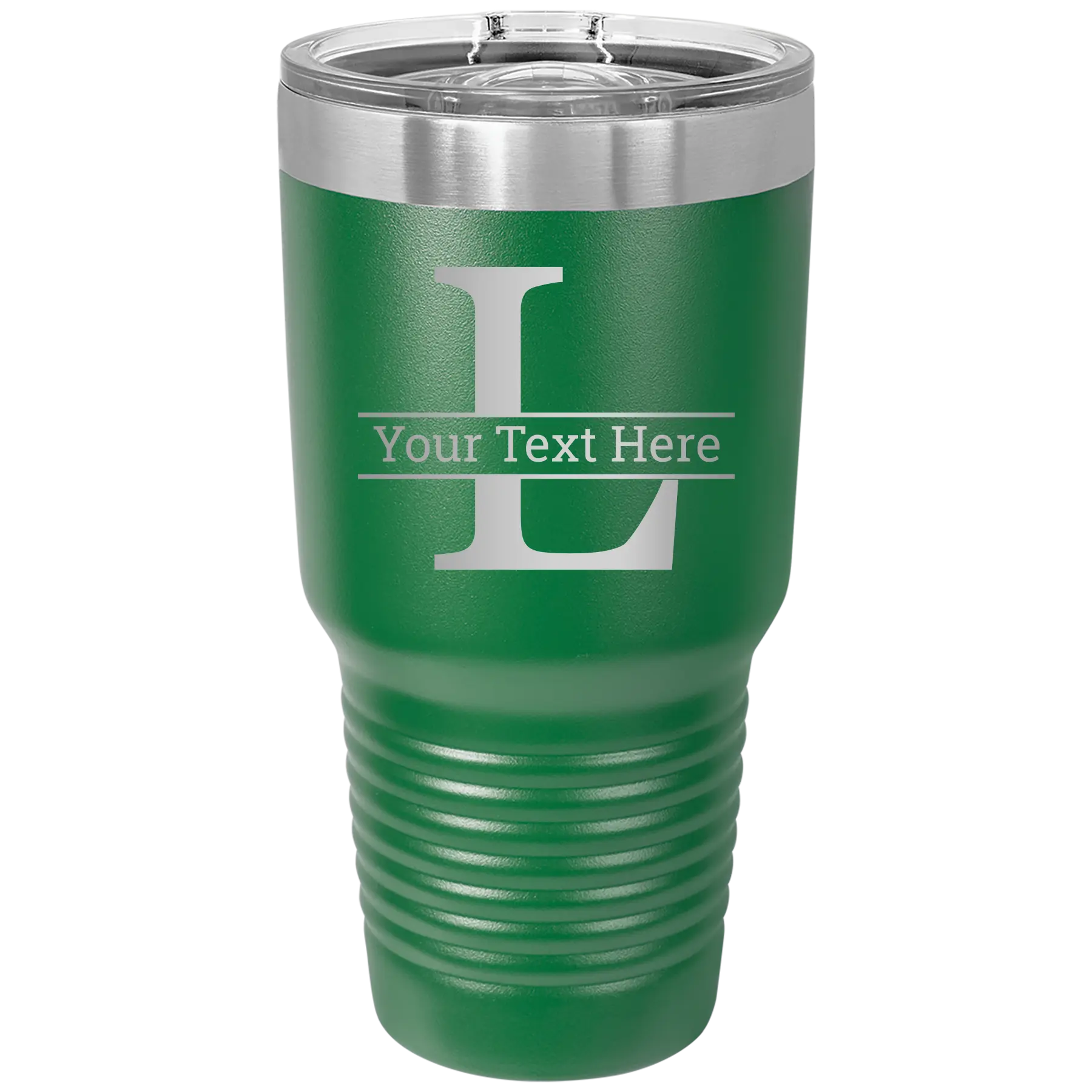Personalized green 30 oz vacuum insulated tumbler with 'Monogram letter L' design