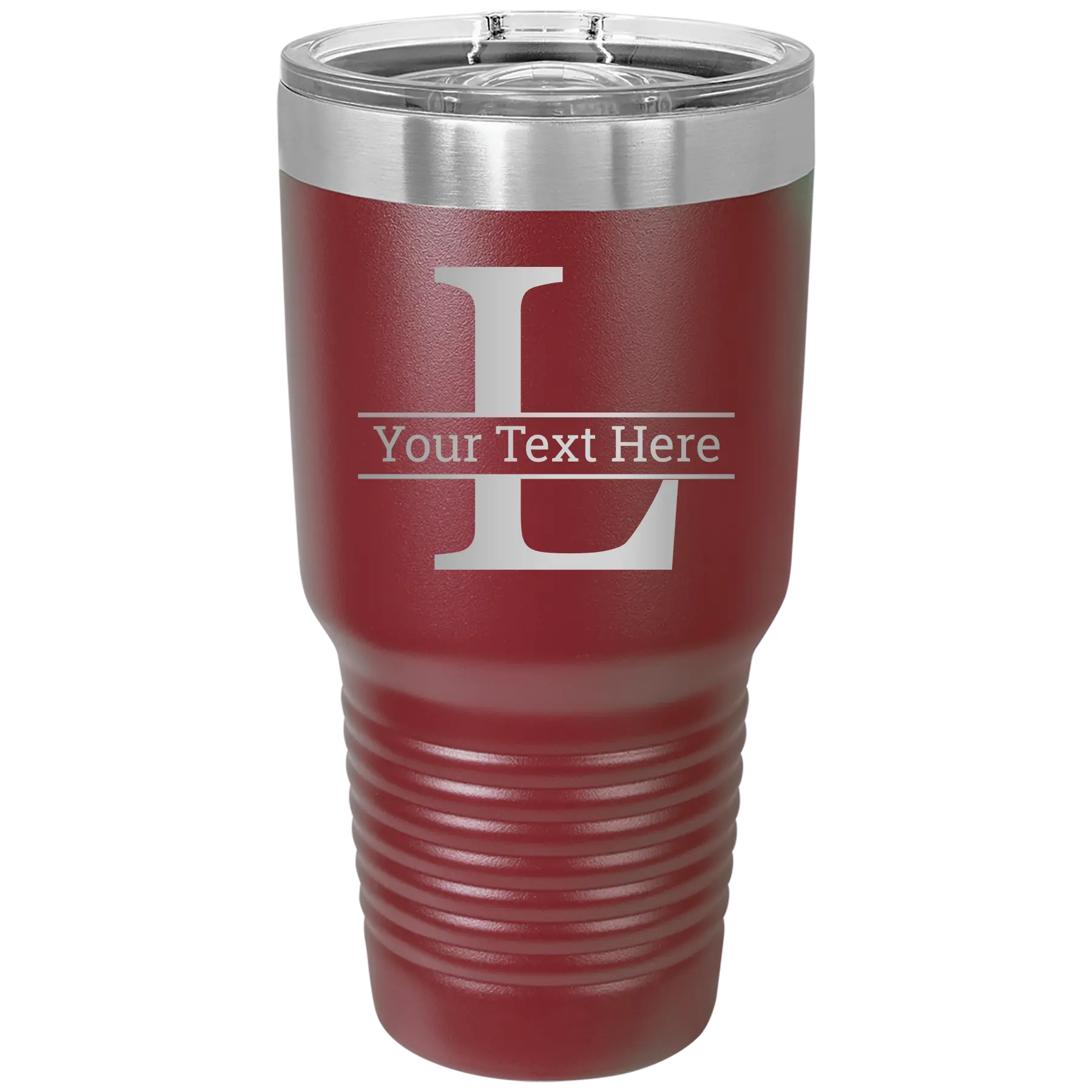 Personalized maroon 30 oz vacuum insulated tumbler with 'Monogram letter L' design