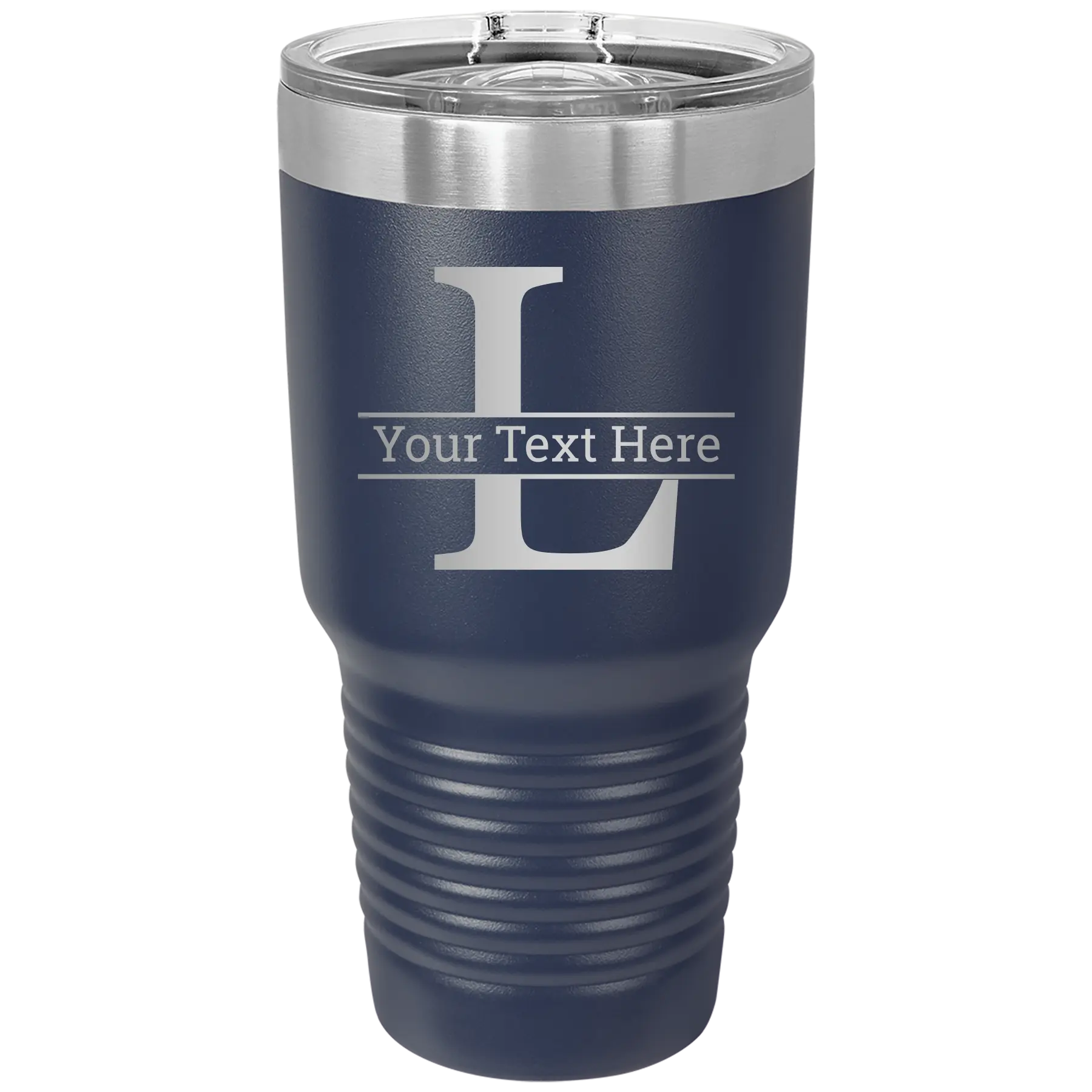 Personalized navy 30 oz vacuum insulated tumbler with 'Monogram letter L' design