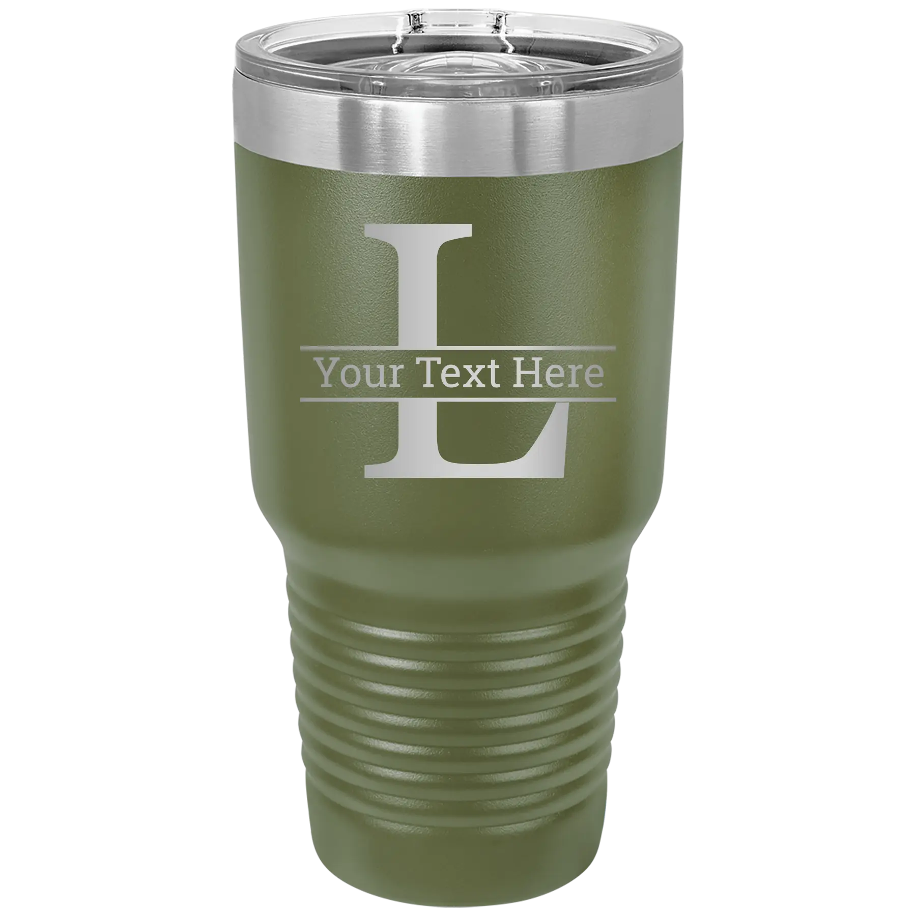 Personalized olive green 30 oz vacuum insulated tumbler with 'Monogram letter L' design