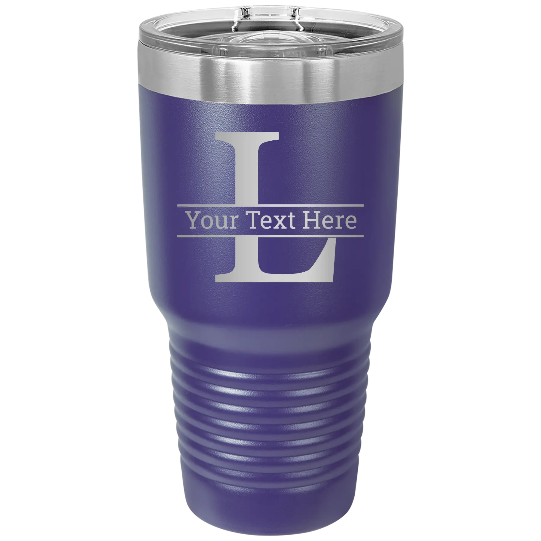 Personalized purple 30 oz vacuum insulated tumbler with 'Monogram letter L' design