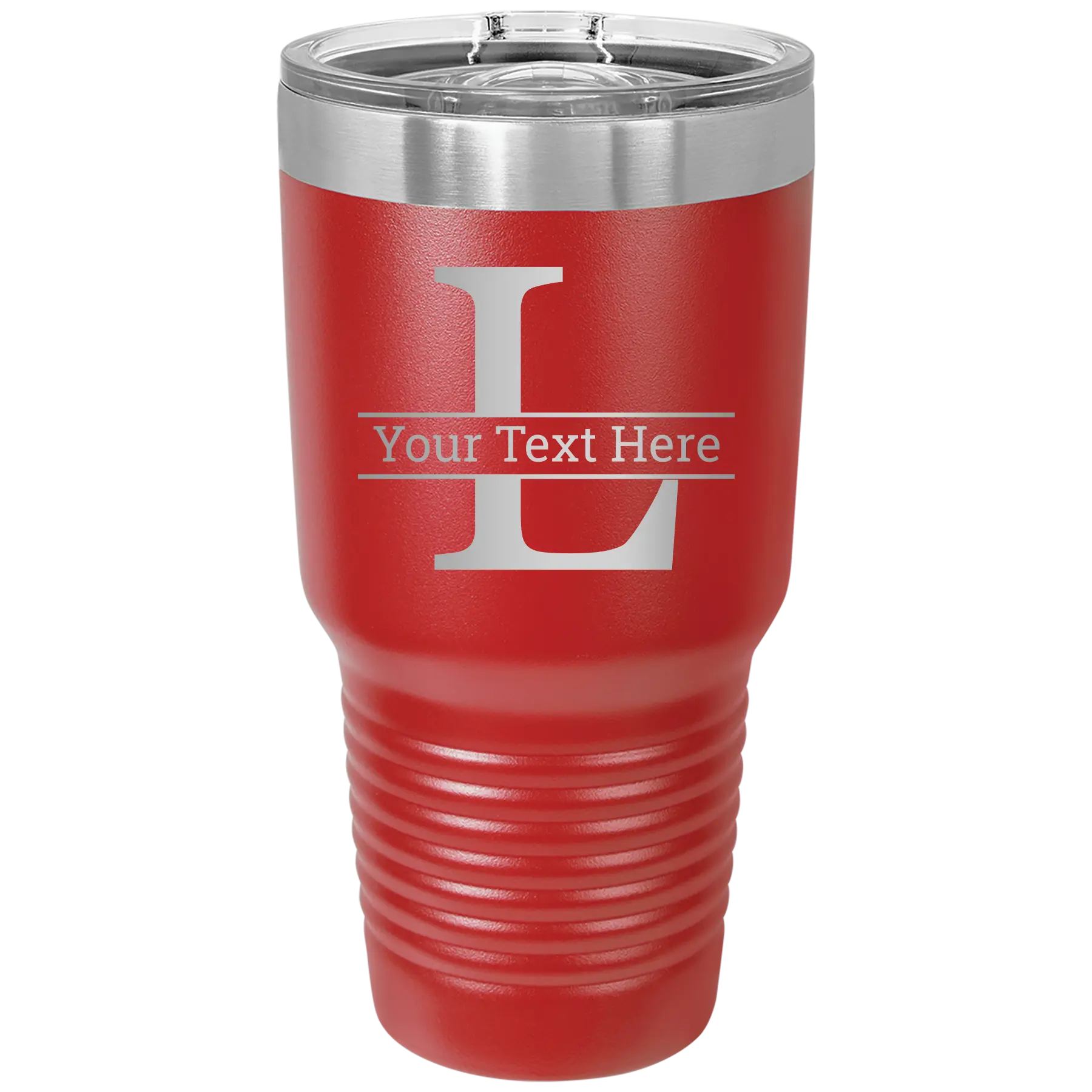 Personalized red 30 oz vacuum insulated tumbler with 'Monogram letter L' design