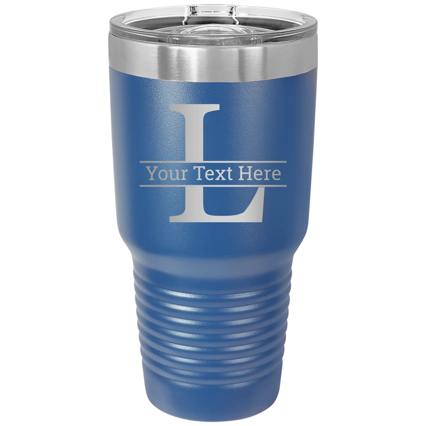 Personalized royal blue 30 oz vacuum insulated tumbler with 'Monogram letter L' design