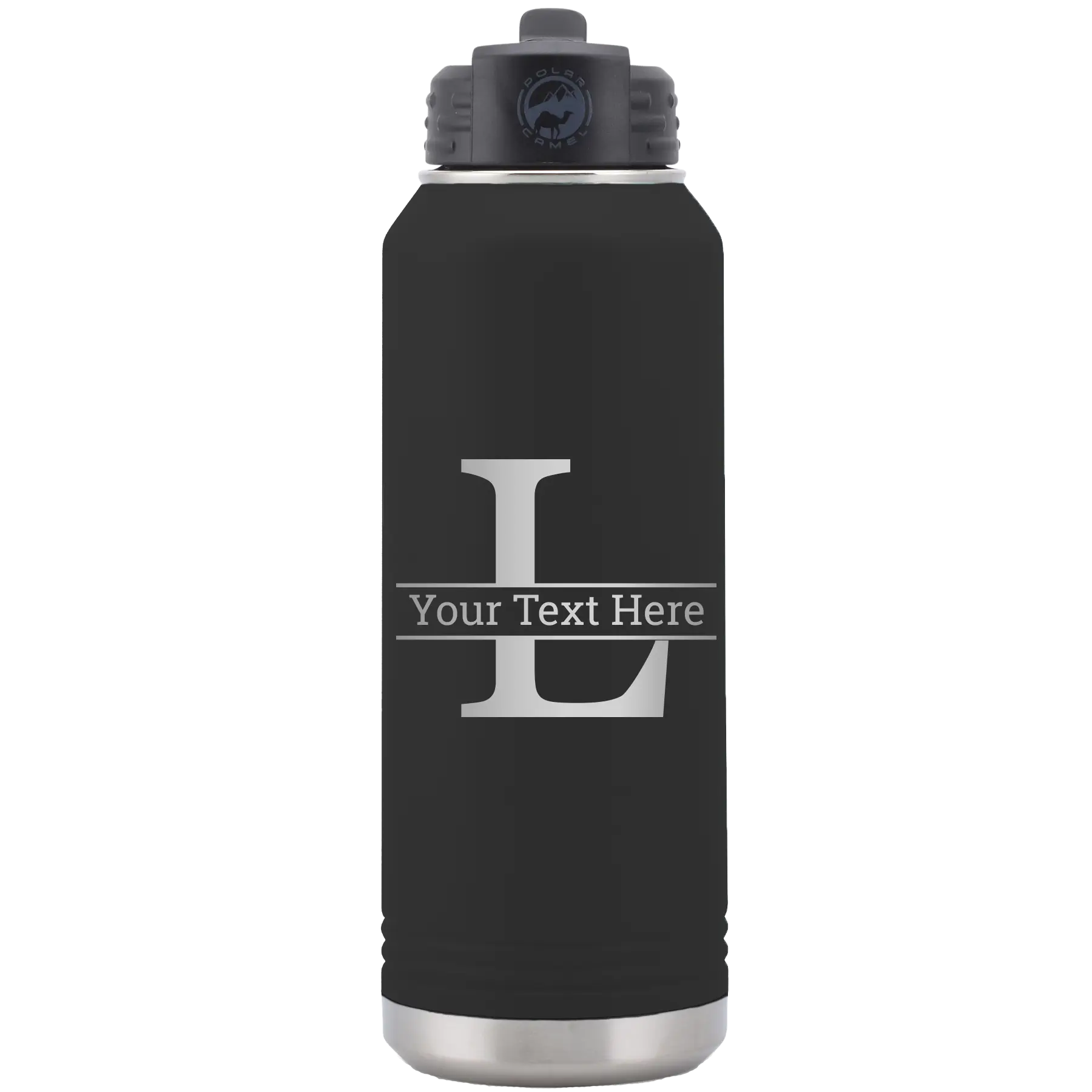 Personalized black 32 oz vacuum insulated water bottle with 'Monogram letter L' design