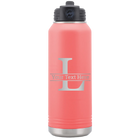 Personalized coral 32 oz vacuum insulated water bottle with 'Monogram letter L' design