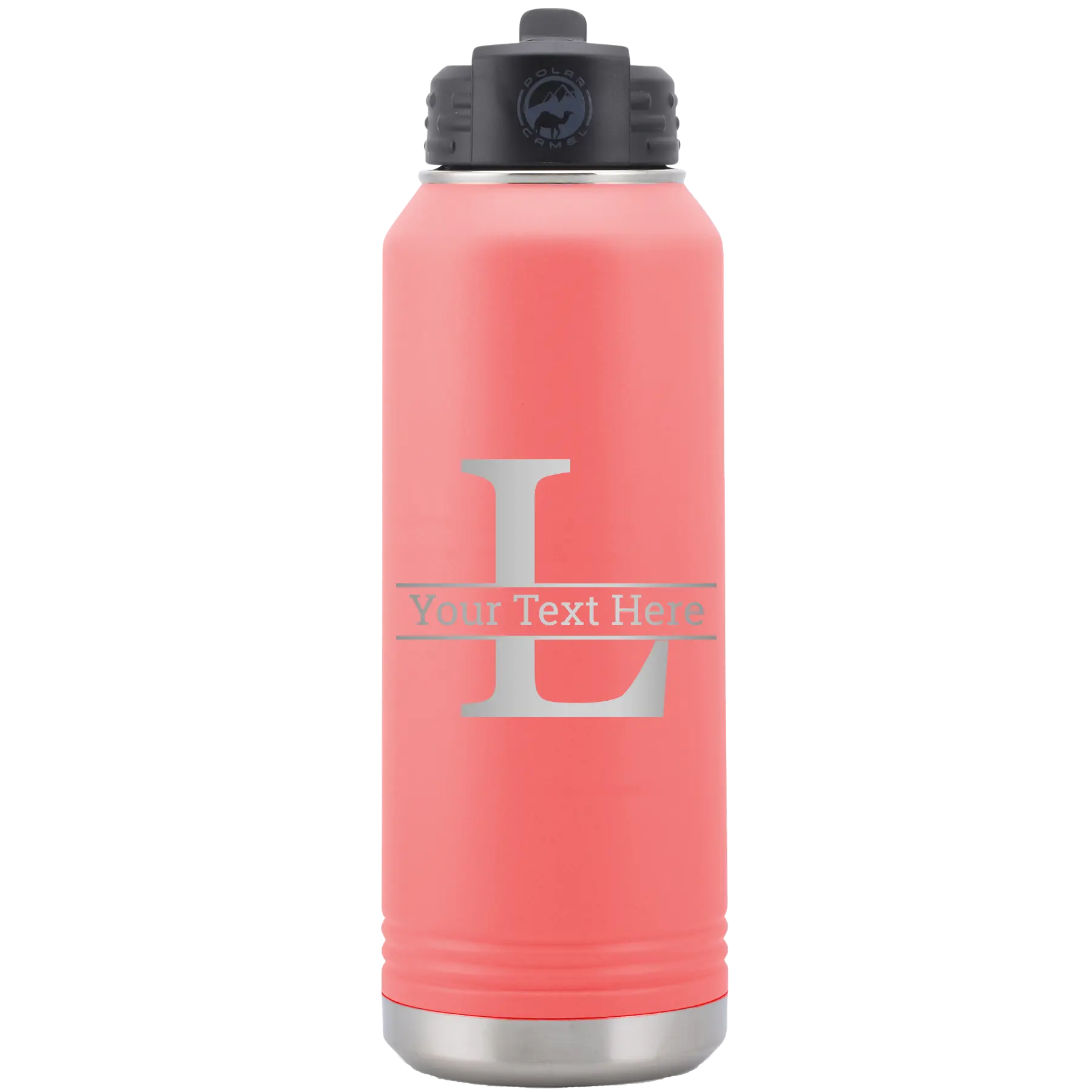Personalized coral 32 oz vacuum insulated water bottle with 'Monogram letter L' design