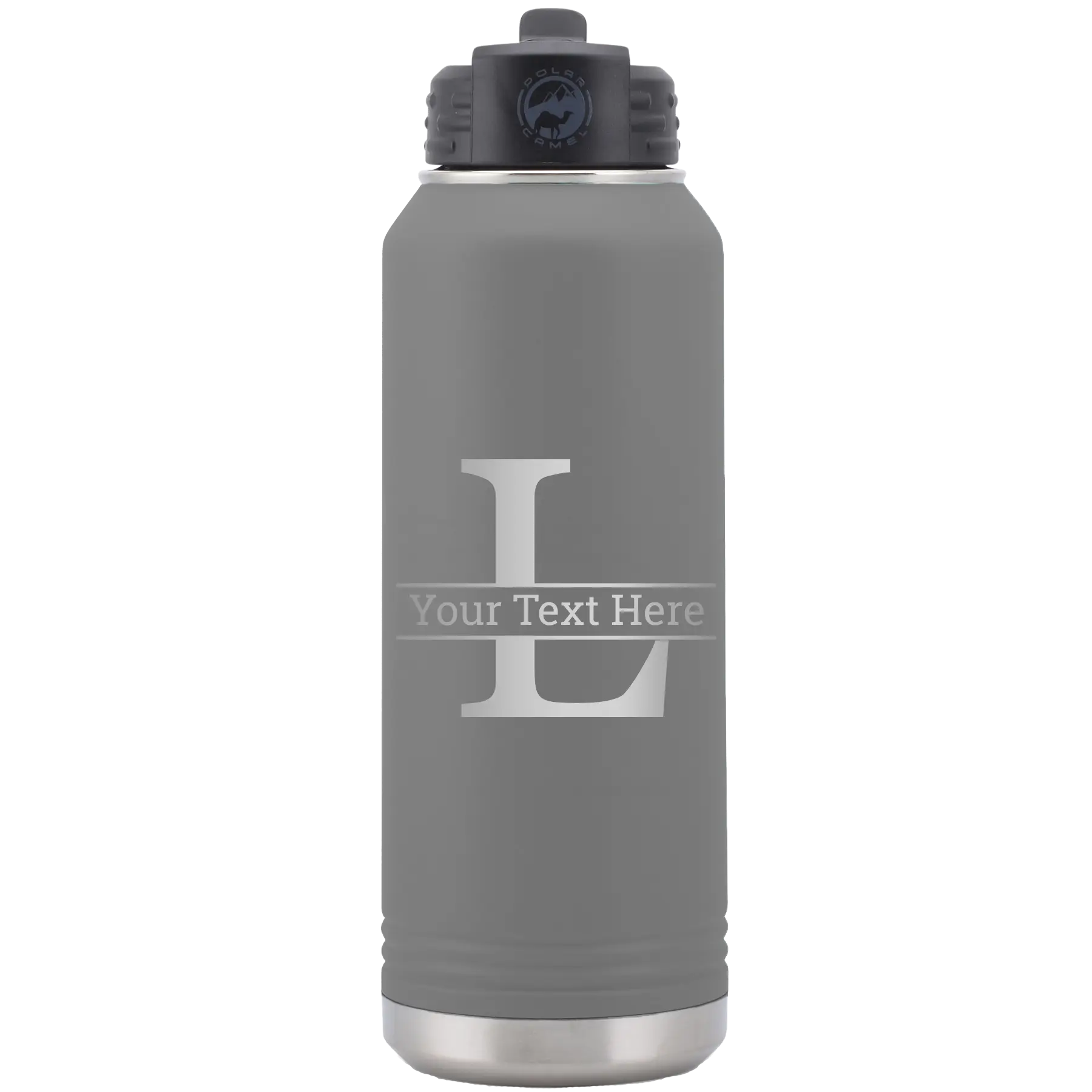 Personalized dark gray 32 oz vacuum insulated water bottle with 'Monogram letter L' design