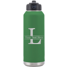 Personalized green 32 oz vacuum insulated water bottle with 'Monogram letter L' design