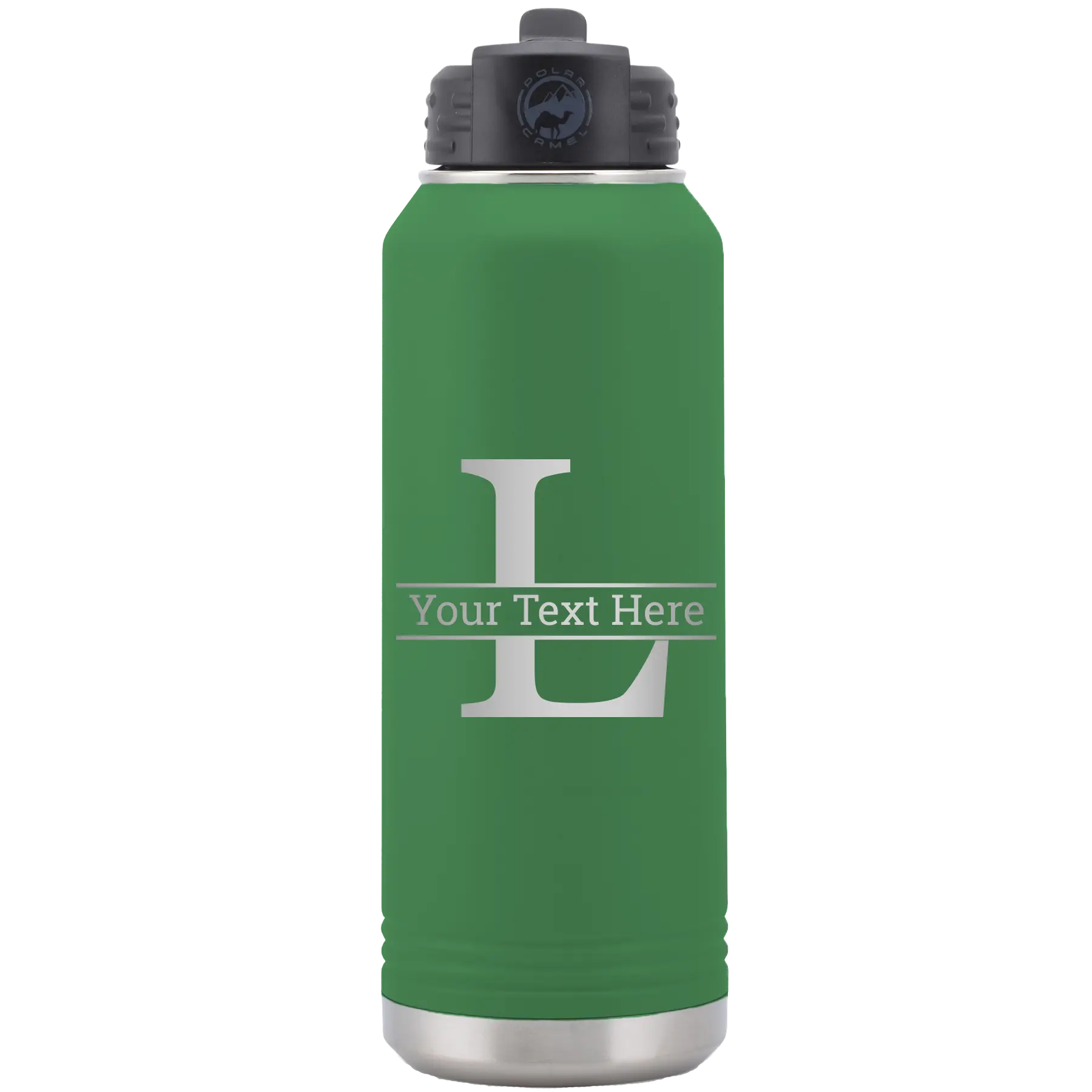 Personalized green 32 oz vacuum insulated water bottle with 'Monogram letter L' design