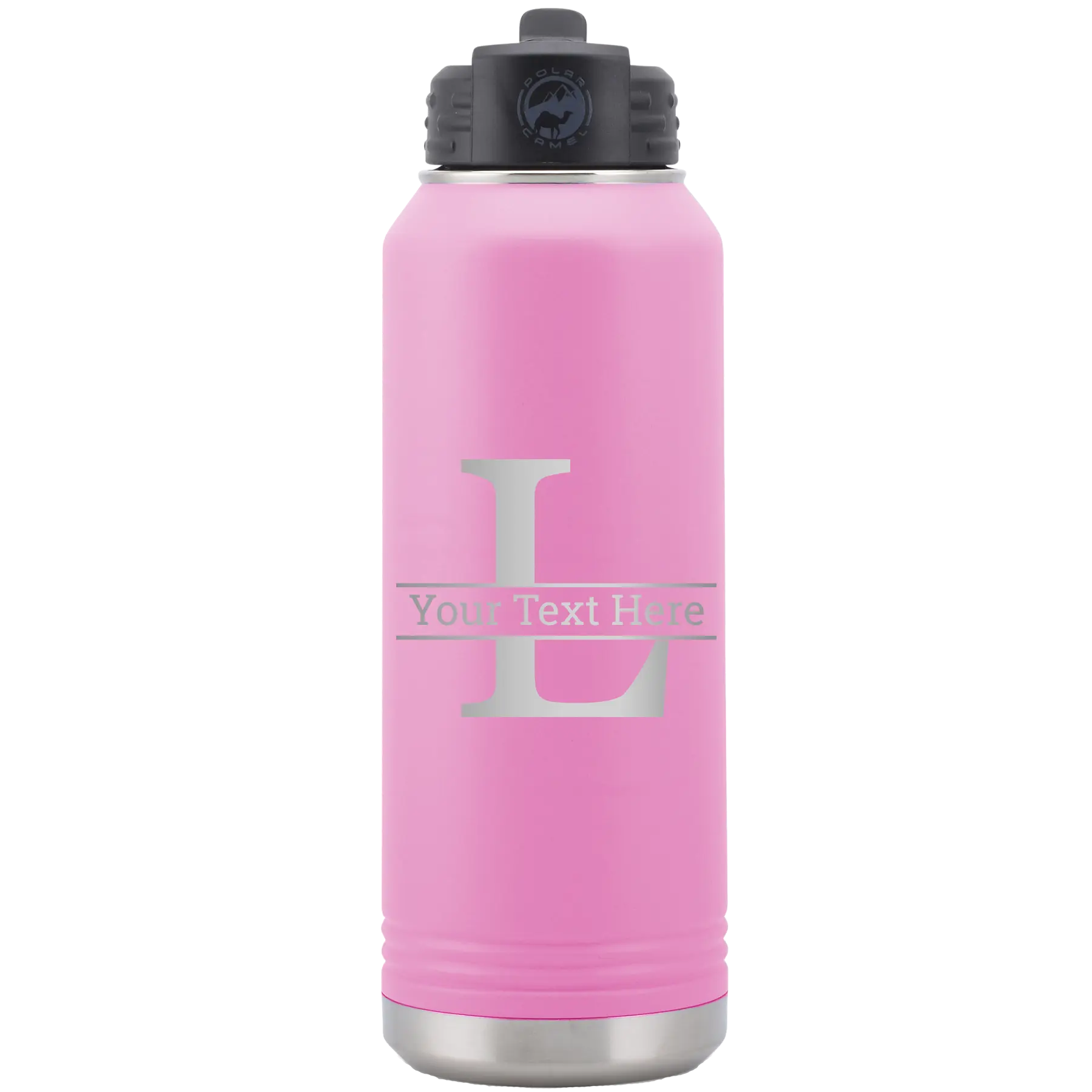 Personalized light purple 32 oz vacuum insulated water bottle with 'Monogram letter L' design