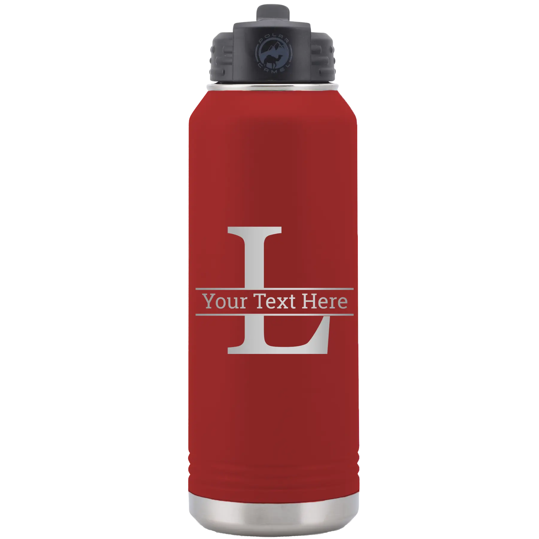 Personalized maroon 32 oz vacuum insulated water bottle with 'Monogram letter L' design