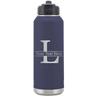 Personalized navy 32 oz vacuum insulated water bottle with 'Monogram letter L' design