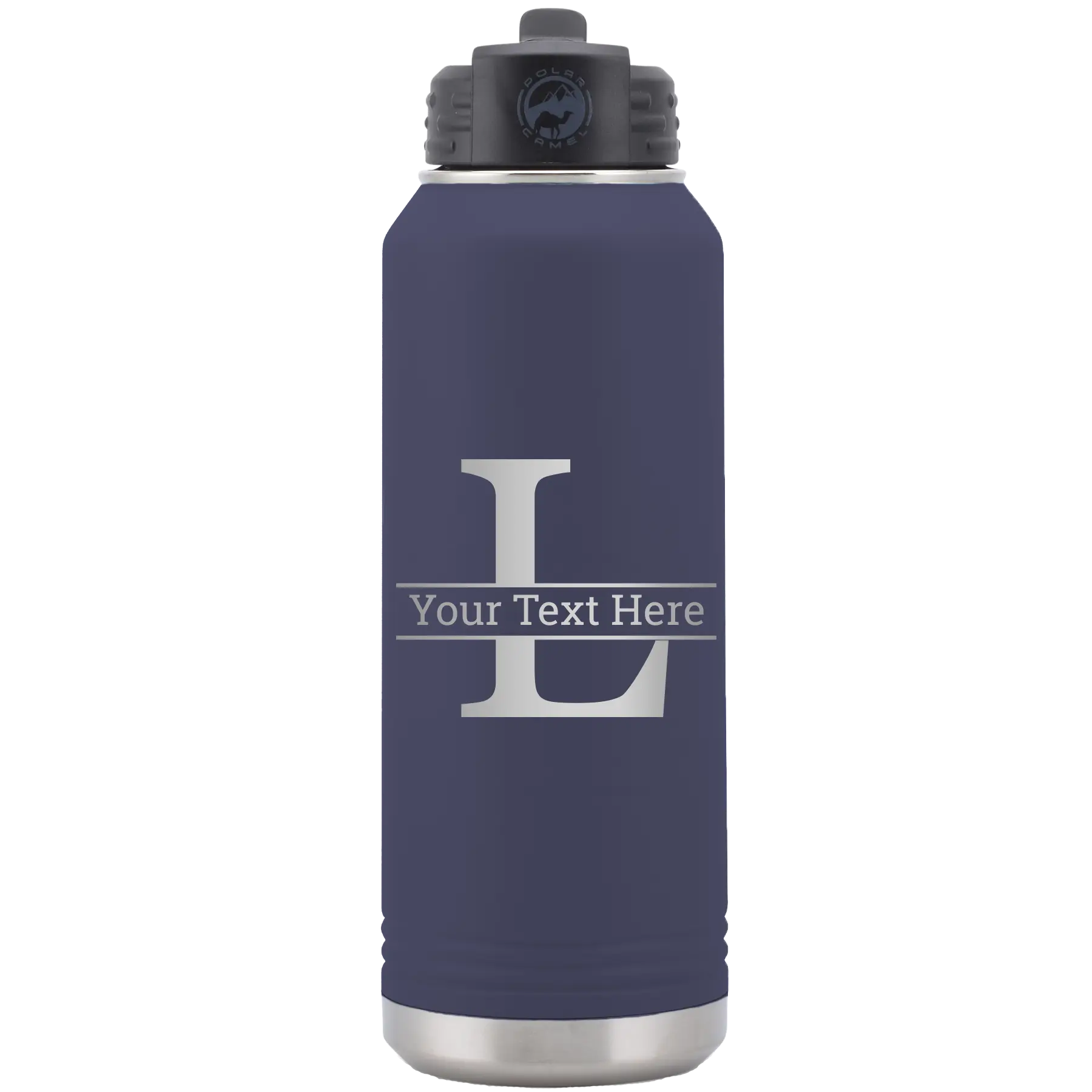 Personalized navy 32 oz vacuum insulated water bottle with 'Monogram letter L' design
