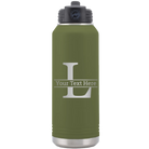 Personalized olive green 32 oz vacuum insulated water bottle with 'Monogram letter L' design
